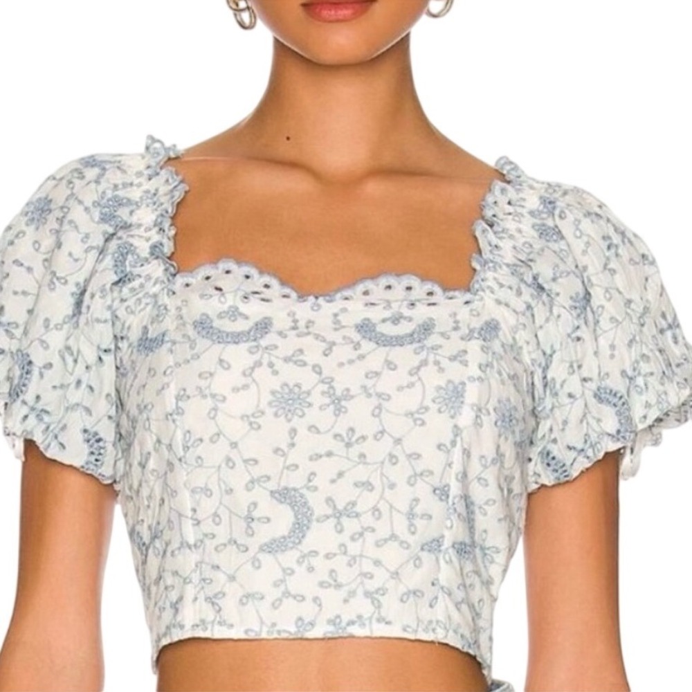 LoveShackFancy Melina Floral Eyelet Puff Sleeve Crop Top Womens 4 Blue‎ White